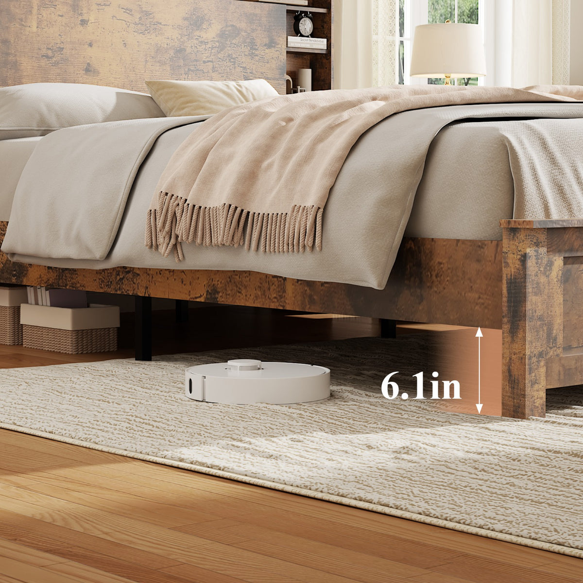 Tulib Full Bed Frame with Bookcase Storage Headboard, Farmhouse Wood Platform Bed with LED Lights & Charging Station, No Box Spring Needed, Dark Brown