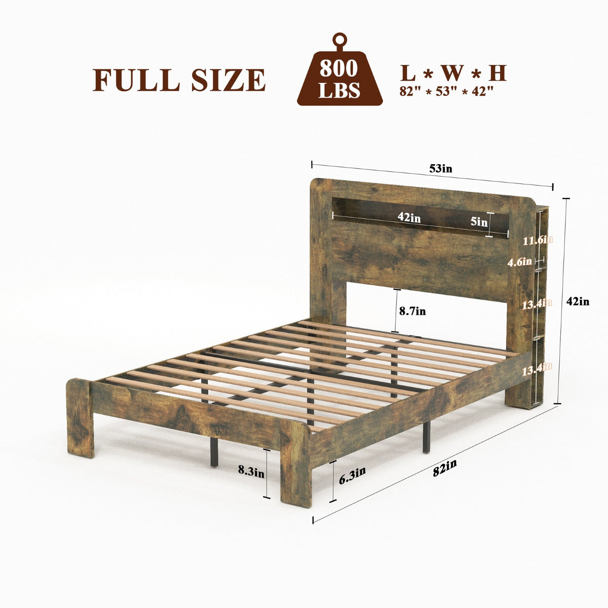 Tulib Full Bed Frame with 2-Tier Storage Headboard, Wood Platform Bed with LED Lights and Charging Station, No Box Spring Needed, Dark Brown