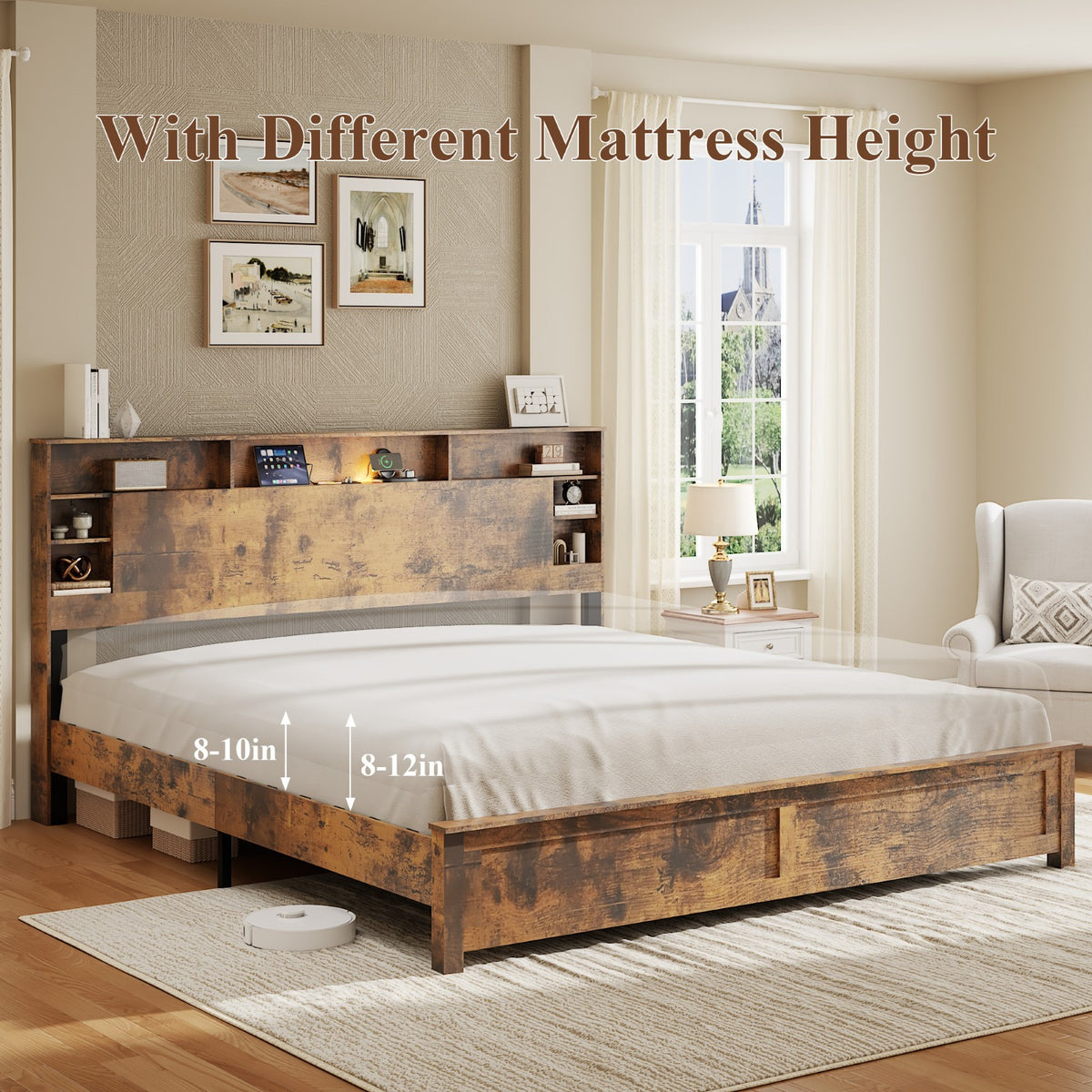 Tulib King Bed Frame with Bookcase Storage Headboard, Farmhouse Wood Platform Bed with LED Lights & Charging Station, No Box Spring Needed, Dark Brown