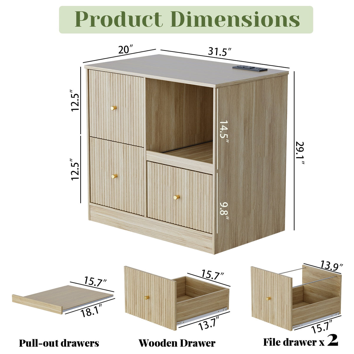 Tulib 3 Drawer File Cabinet with Charging Station, 31.5" Wood Printer Stand with Pull-Out Open Shelves for Home Offices, Natural