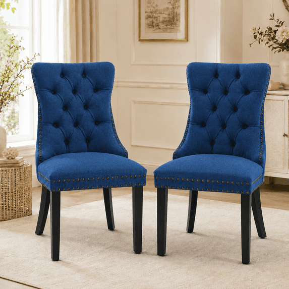 Tulib Upholstered Dining Chairs Set of 2, Tufted Linen Dining Chairs with Nailhead Trim, Foam Padded Dining Room Chairs with Rubberwood Legs, Gray