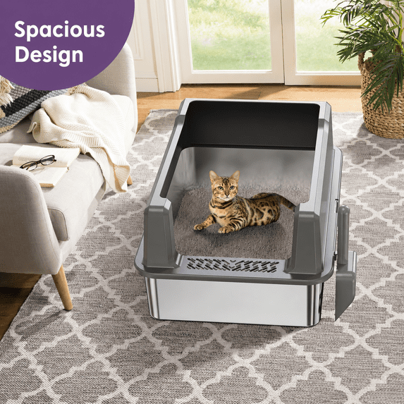 Tulib 26" Stainless Steel Cat Litter Box, Open Top Kitten Litter Box, with High Sides, Litter Mat and Scoop, Gray