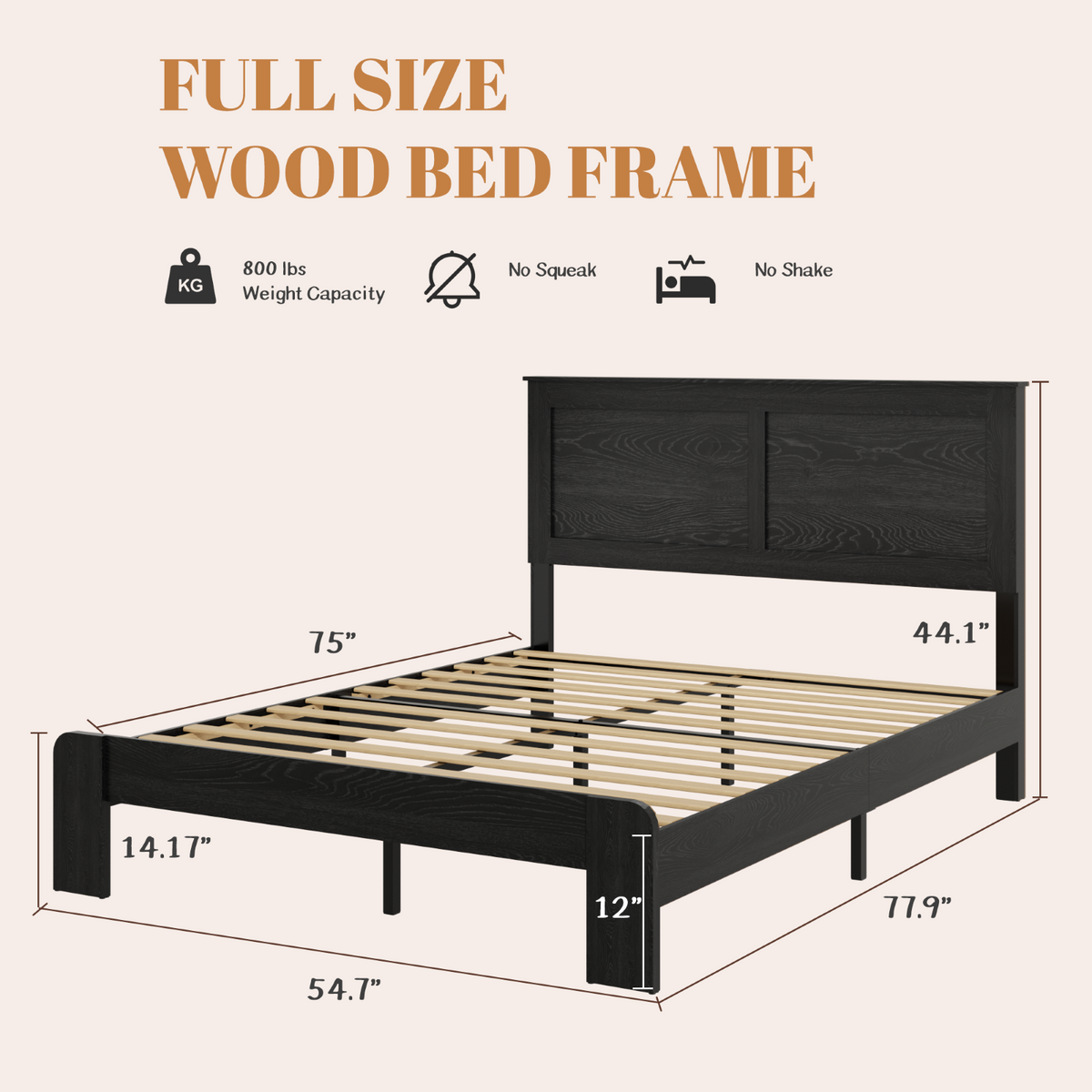 Tulib Full Wood Bed Frame with Headboard, Farmhouse Platform Bed, Noise-Free, Easy Assembly, No Box Spring Needed, Black