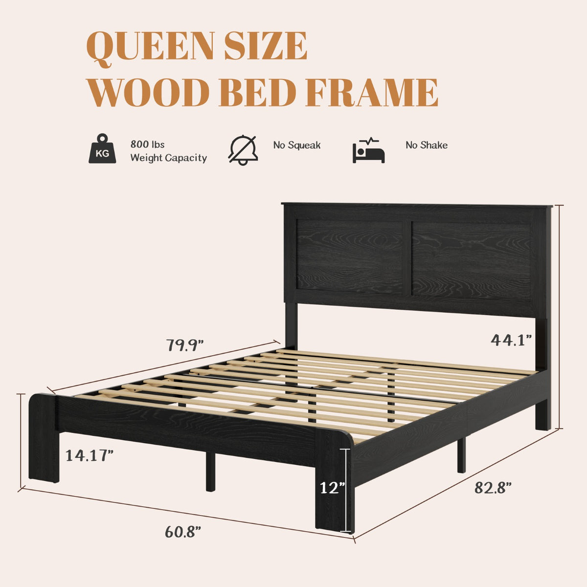 Tulib Queen Wood Bed Frame with Headboard, Farmhouse Platform Bed, Noise-Free, Easy Assembly, No Box Spring Needed, Black