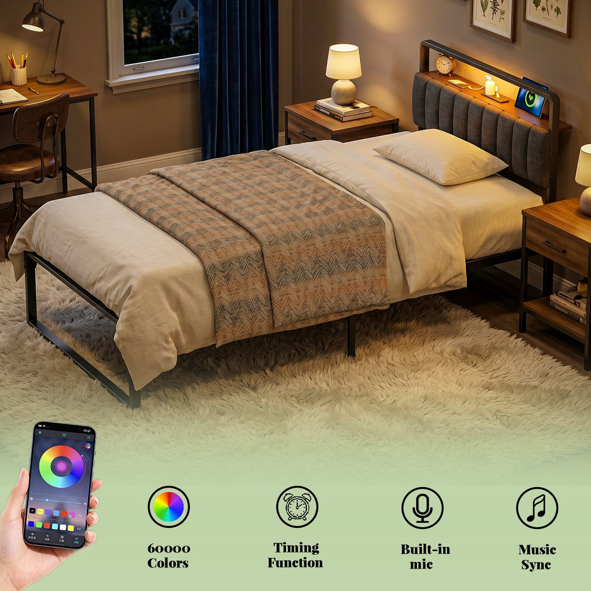 Tulib Twin Size Metal Bed Frame with Upholstered Headboard, RGB LED Lights & Charging Station, Heavy Duty Platform Bed with Under-Bed Storage, No Box Spring Needed, Easy Assembly
