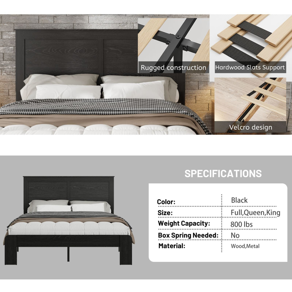 Tulib King Wood Bed Frame with Headboard, Farmhouse Platform Bed, Noise-Free, Easy Assembly, No Box Spring Needed, Dark Gray