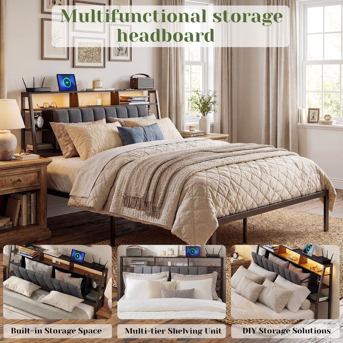 Tulib Full Size Bed Frame with LED Storage Headboard & Charging Station, Upholstered Metal Platform Bed with 9 Storage Compartments, Under-Bed Storage, No Box Spring Needed