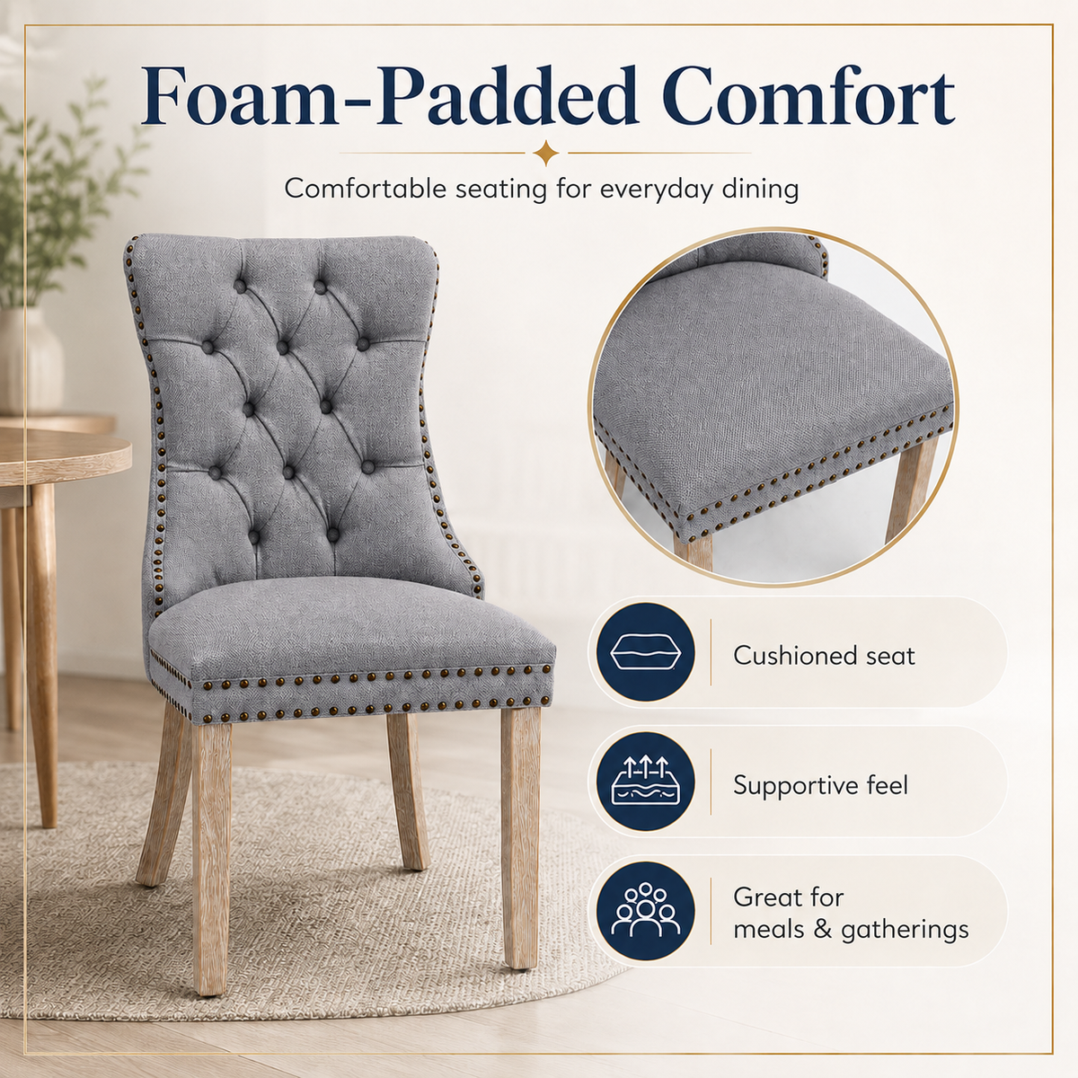 Tulib Upholstered Dining Chairs Set of 2, Tufted Linen Dining Chairs with Nailhead Trim, Foam Padded Dining Room Chairs with Rubberwood Legs, Gray