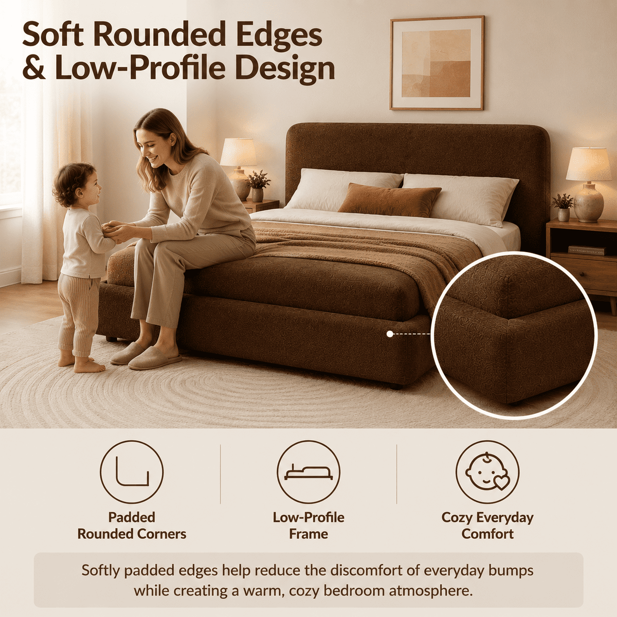 Tulib Queen Size Cloud Bed Frame with Upholstered Headboard, Chenille Fabric, Soft Rounded Edges, Brown