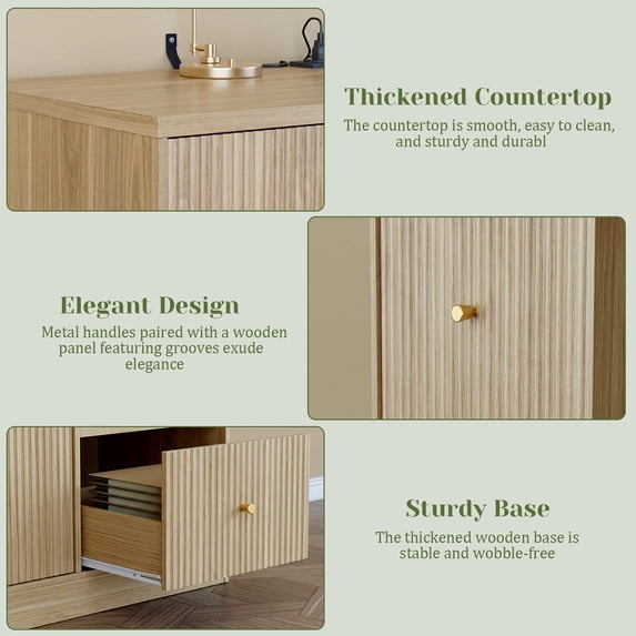 Tulib 3 Drawer File Cabinet with Charging Station, 31.5" Wood Printer Stand with Pull-Out Open Shelves for Home Offices, Natural