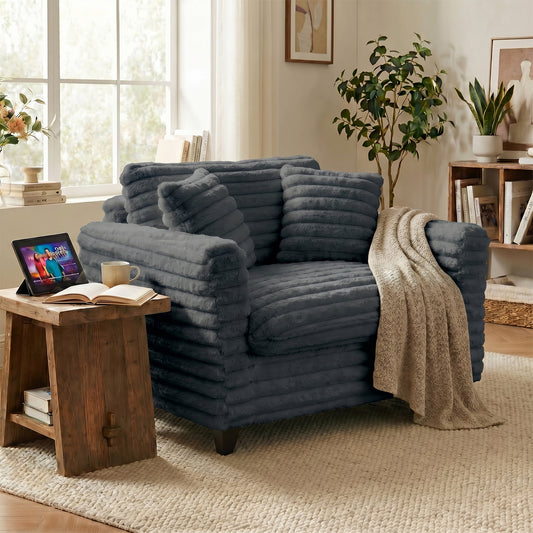 Tulib 46.5" Accent Chair, Corduroy Reading Chair with Pillows, Modern Arm Chair for Living Room Bedroom Office and Apartment, Gray
