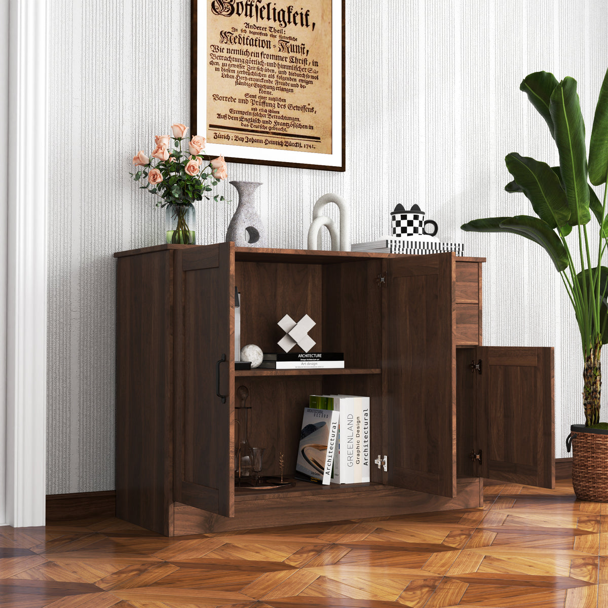 Tulib Sideboard Buffet Cabinet with Storage, Kitchen Storage Cabinets with Drawer & Doors, Console Cabinet with Adjustable Shelves for Living Room Dining Room Entryway, Walnut