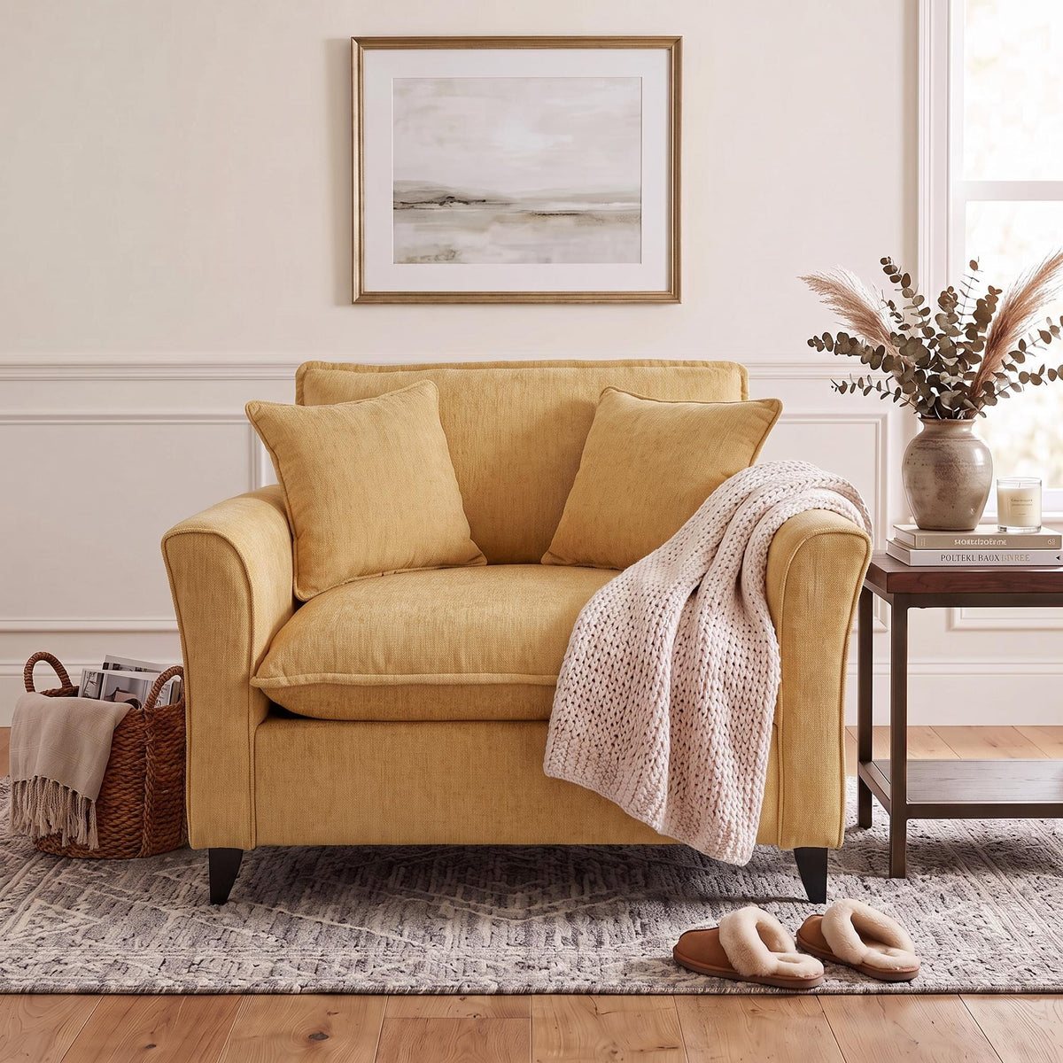 Tulib 46.5" Chenille Accent Chair, Reading Chair with Pillows, Modern Armchair for Living Room Bedroom Office and Small Spaces, Yellow