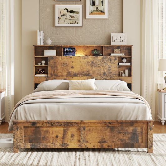 Tulib Full Bed Frame with Bookcase Storage Headboard, Farmhouse Wood Platform Bed with LED Lights & Charging Station, No Box Spring Needed, Dark Brown