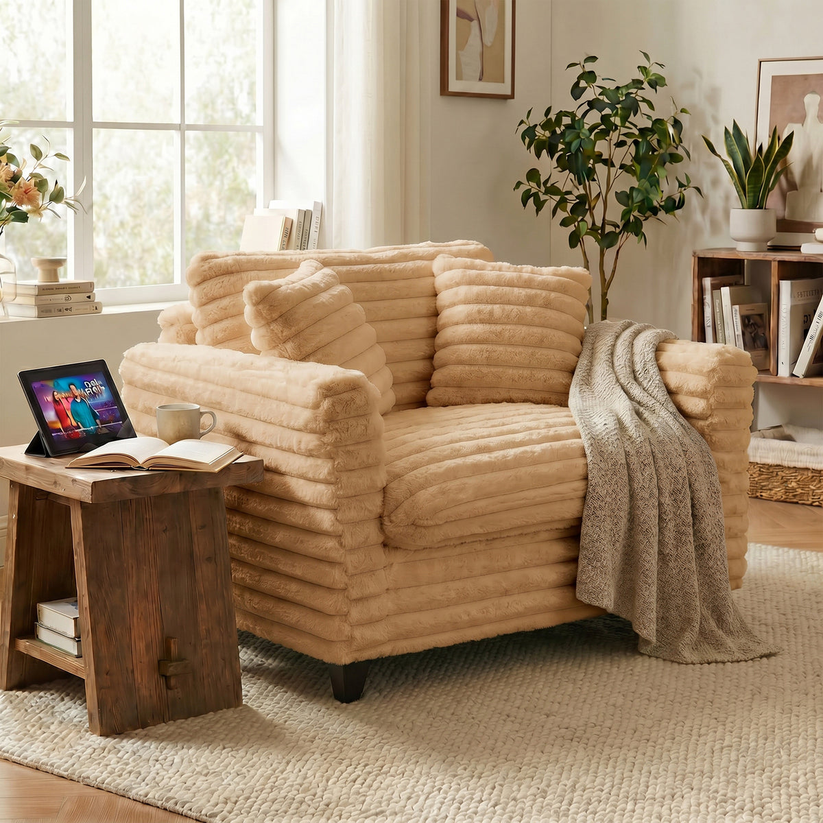 Tulib 46.5" Accent Chair, Corduroy Reading Chair with Pillows, Modern Arm Chair for Living Room Bedroom Office and Apartment, Light Brown