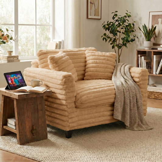 Tulib 46.5" Accent Chair, Corduroy Reading Chair with Pillows, Modern Arm Chair for Living Room Bedroom Office and Apartment, Light Brown