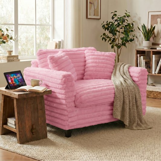 Tulib 46.5" Accent Chair, Corduroy Reading Chair with Pillows, Modern Arm Chair for Living Room Bedroom Office and Apartment, Pink