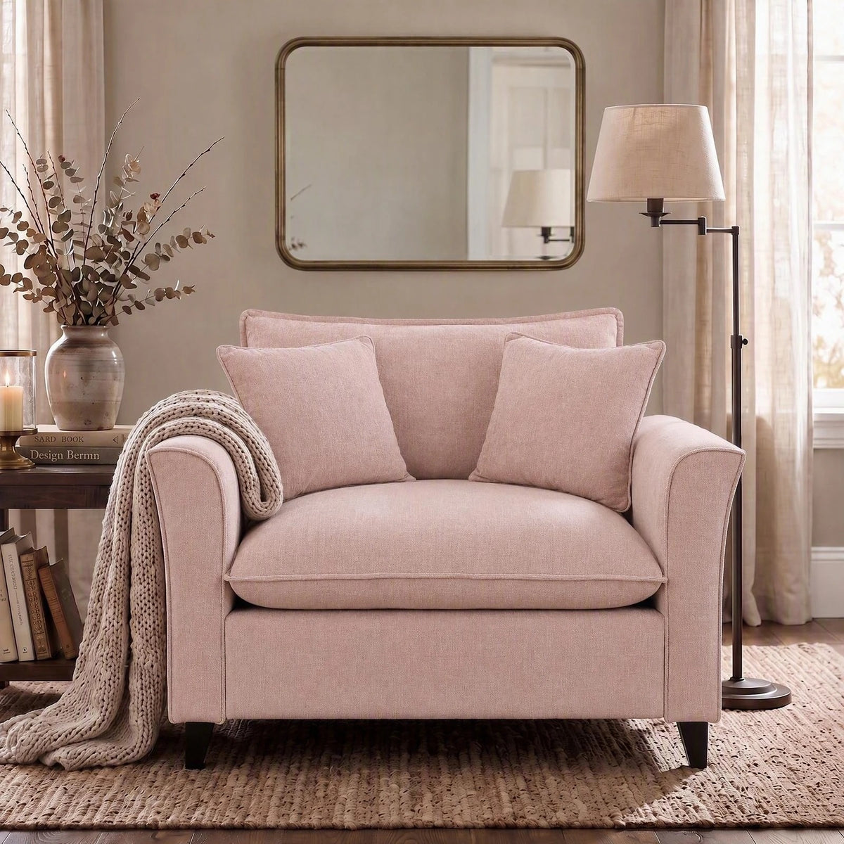 Tulib 46.5" Chenille Accent Chair, Reading Chair with Pillows, Modern Armchair for Living Room Bedroom Office and Small Spaces, Pink