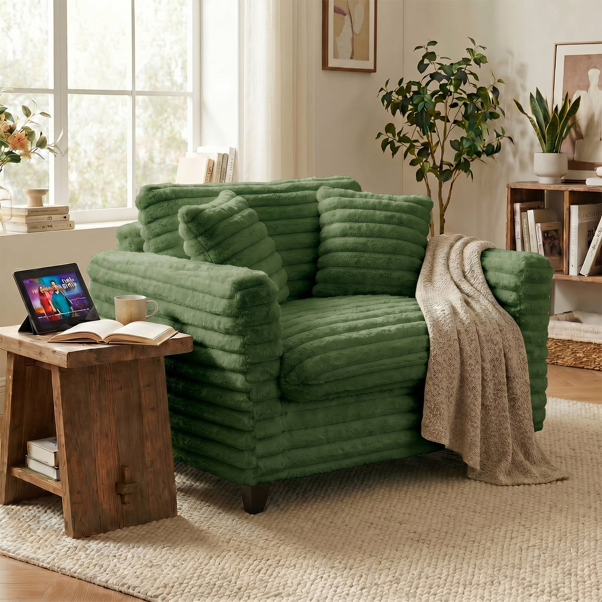 Tulib 46.5" Accent Chair, Corduroy Reading Chair with Pillows, Modern Arm Chair for Living Room Bedroom Office and Apartment, Green