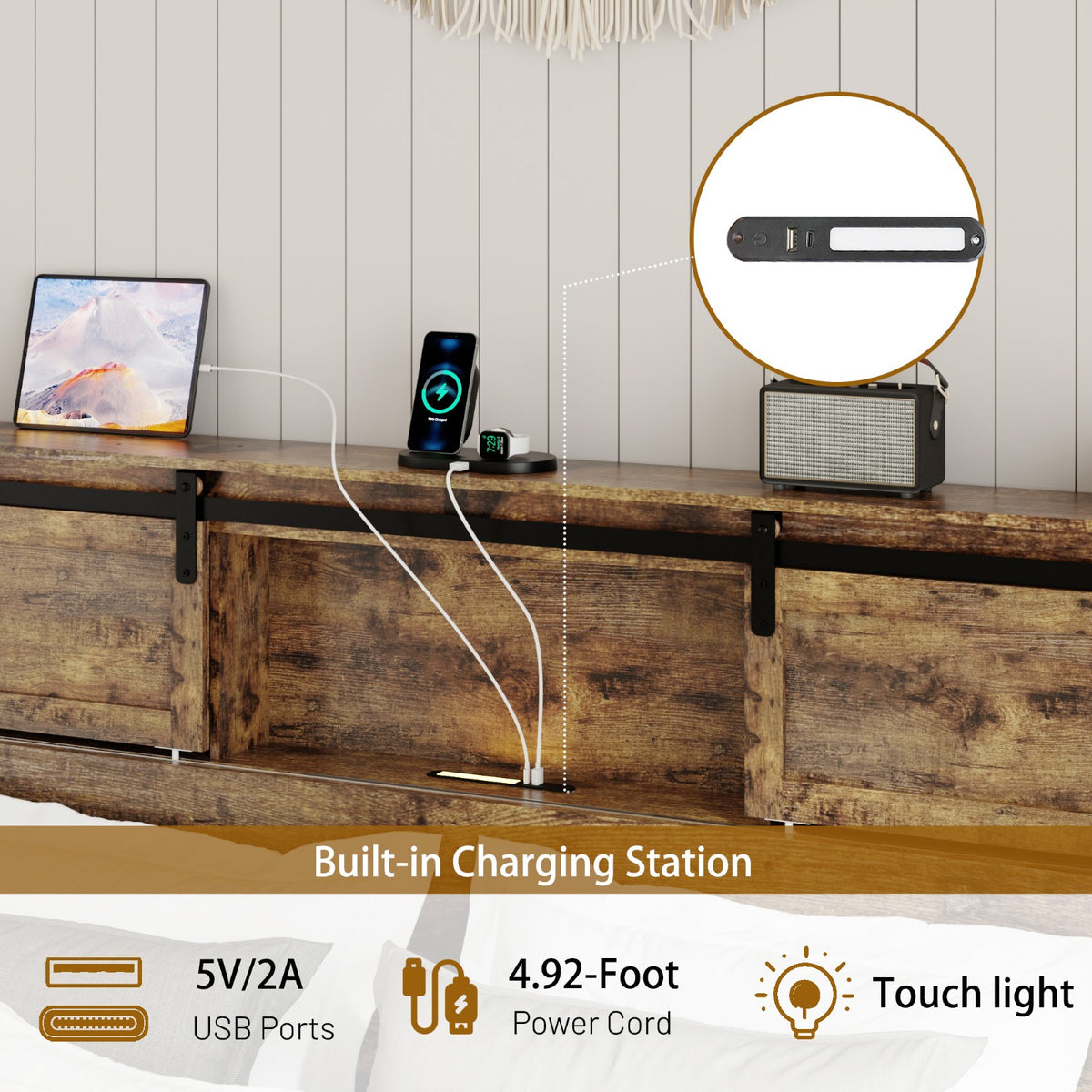 Tulib Queen Size Bed Frame with Storage Bookcase Headboard, Platform Bedframe with LED Lights, Charging Station and Sliding Barn Door, No Box Spring Needed, Dark Brown