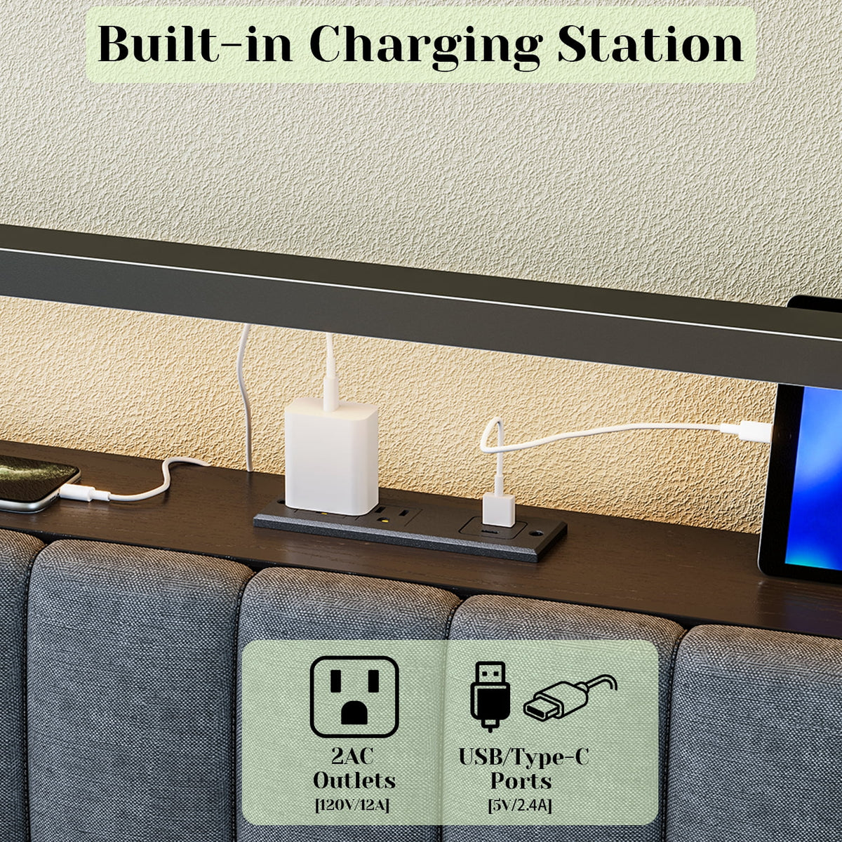 Tulib Full Size Metal Bed Frame with Upholstered Headboard, RGB LED Lights & Charging Station, Heavy Duty Platform Bed with Under-Bed Storage, No Box Spring Needed, Easy Assembly
