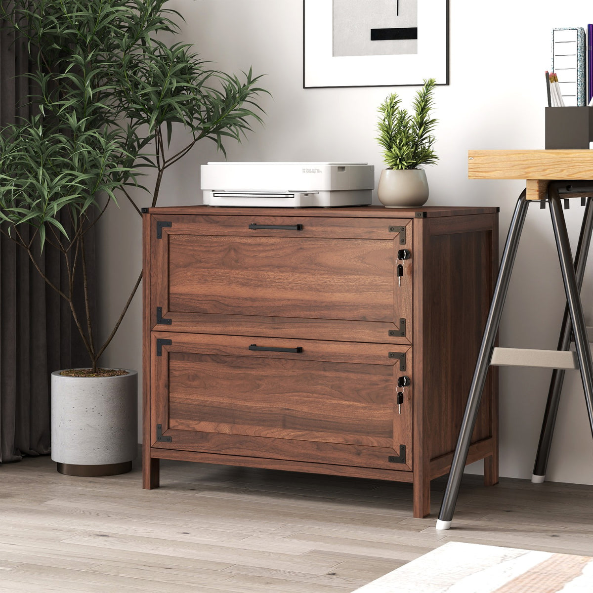 Tulib 2 Drawer File Cabinet with Lock, Wood Filing Cabinet for Home Office, Office Storage Cabinet for Letter/Legal/A4, Walnut