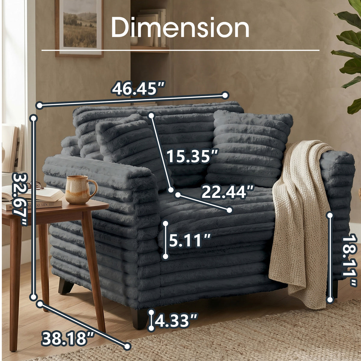 Tulib 46.5" Accent Chair, Corduroy Reading Chair with Pillows, Modern Arm Chair for Living Room Bedroom Office and Apartment, Gray