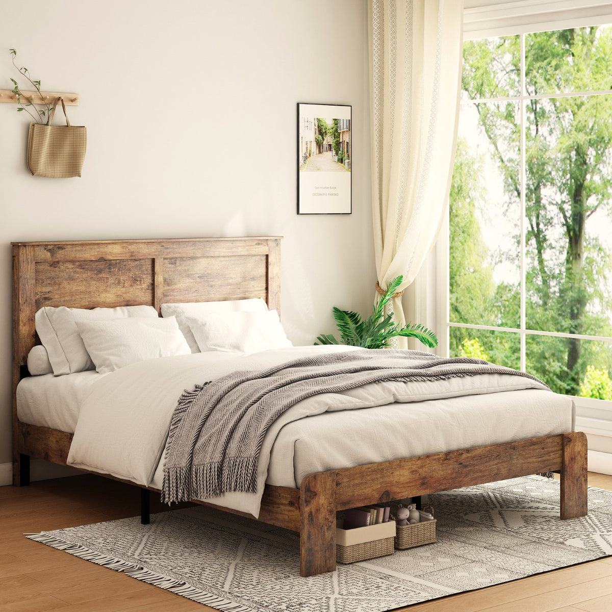 Tulib Full Wood Bed Frame with Headboard, Farmhouse Platform Bed, Noise-Free, Easy Assembly, No Box Spring Needed, Dark Brown