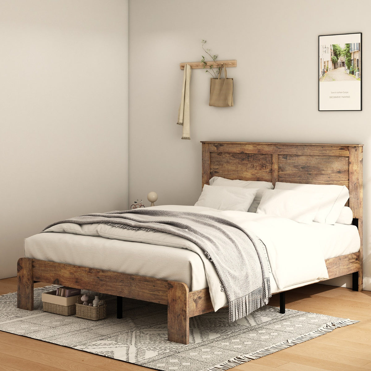 Tulib Full Wood Bed Frame with Headboard, Farmhouse Platform Bed, Noise-Free, Easy Assembly, No Box Spring Needed, Dark Brown