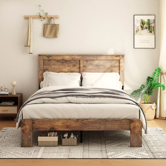 Tulib Full Wood Bed Frame with Headboard, Farmhouse Platform Bed, Noise-Free, Easy Assembly, No Box Spring Needed, Dark Brown
