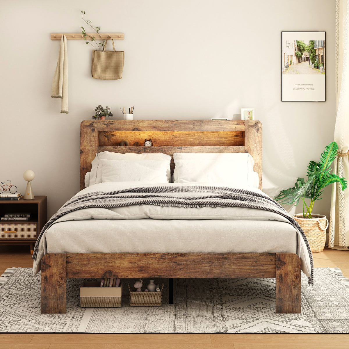 Tulib Full Bed Frame with 2-Tier Storage Headboard, Wood Platform Bed with LED Lights and Charging Station, No Box Spring Needed, Dark Brown