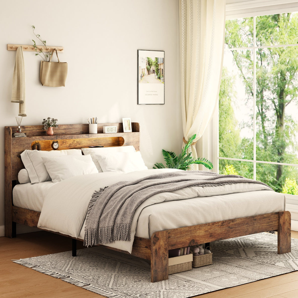 Tulib Full Size Wooden Bed Frame with Storage Headboard, Platform Bed Frame with LED Light & USB Port, No Box Spring Needed, Dark Brown