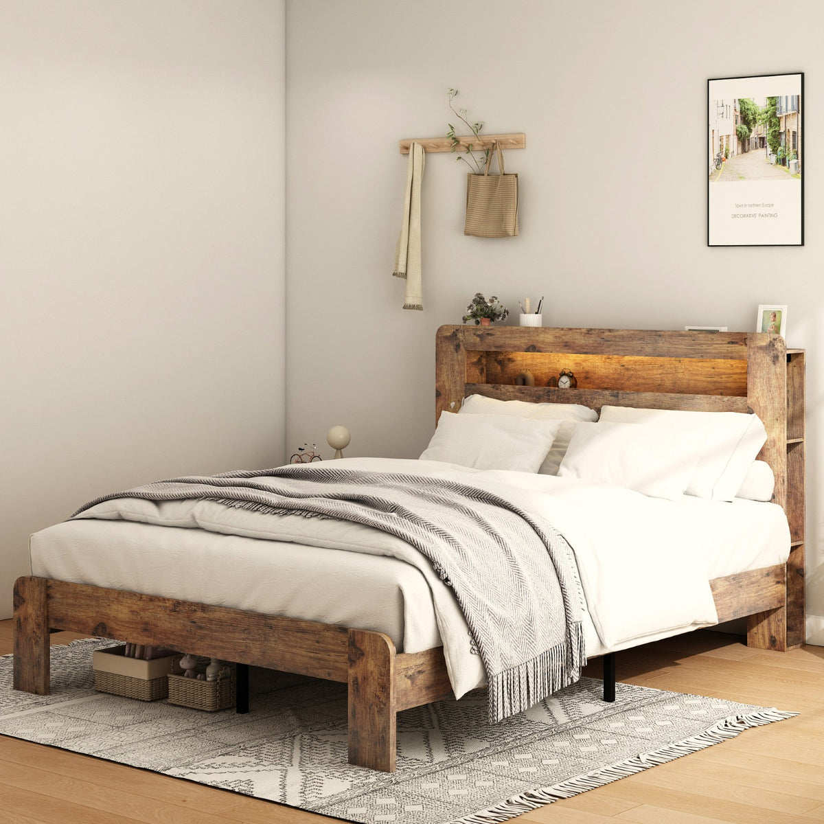 Tulib King Bed Frame with 2-Tier Storage Headboard, Wood Platform Bed with LED Lights and Charging Station, No Box Spring Needed, Dark Brown
