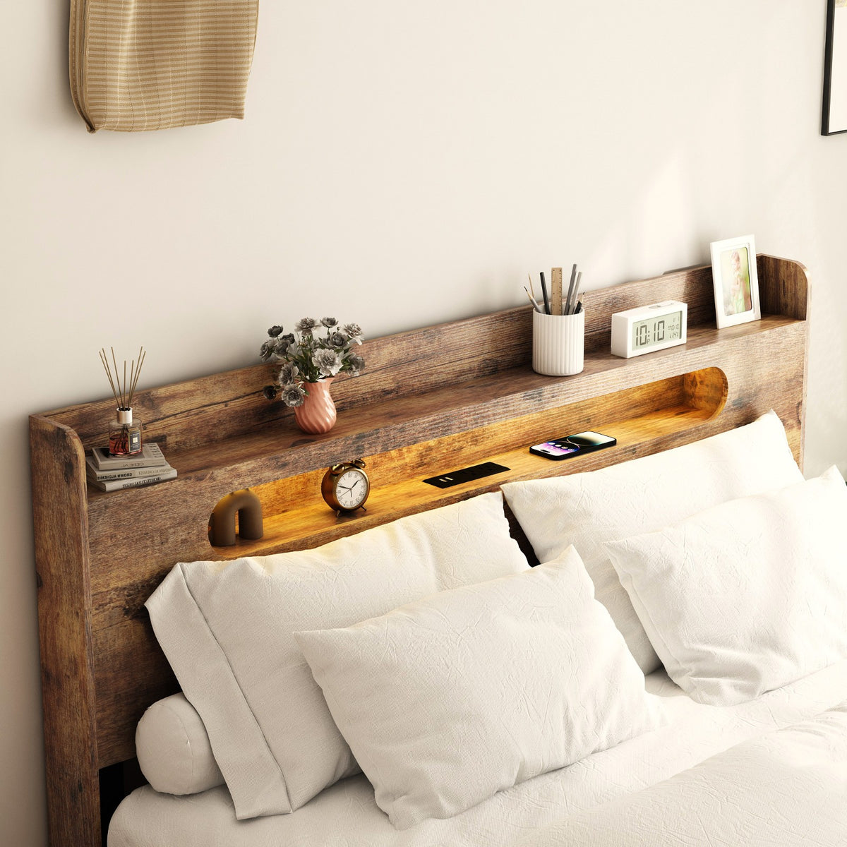 Tulib Full Size Wooden Bed Frame with Storage Headboard, Platform Bed Frame with LED Light & USB Port, No Box Spring Needed, Dark Brown