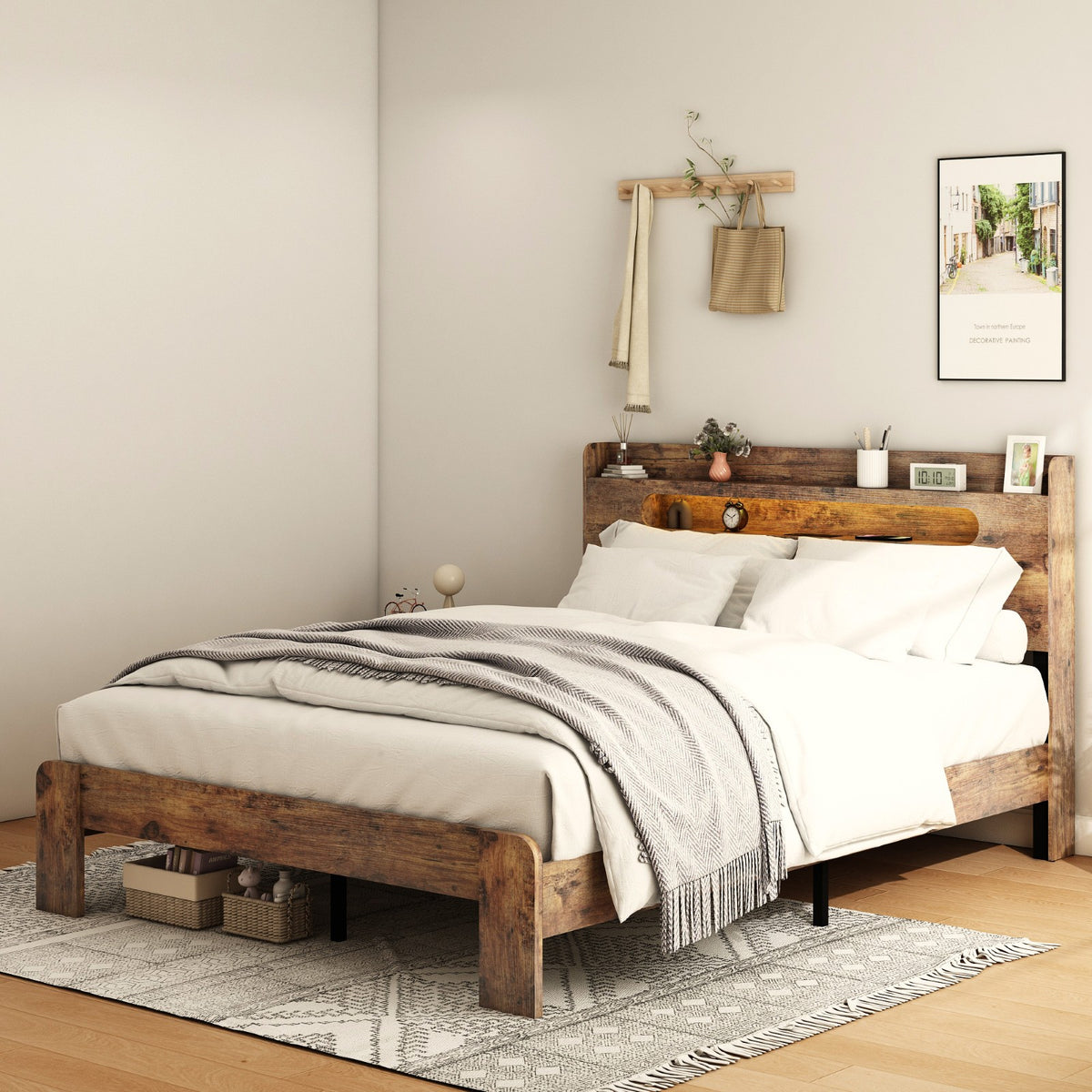 Tulib Full Size Wooden Bed Frame with Storage Headboard, Platform Bed Frame with LED Light & USB Port, No Box Spring Needed, Dark Brown