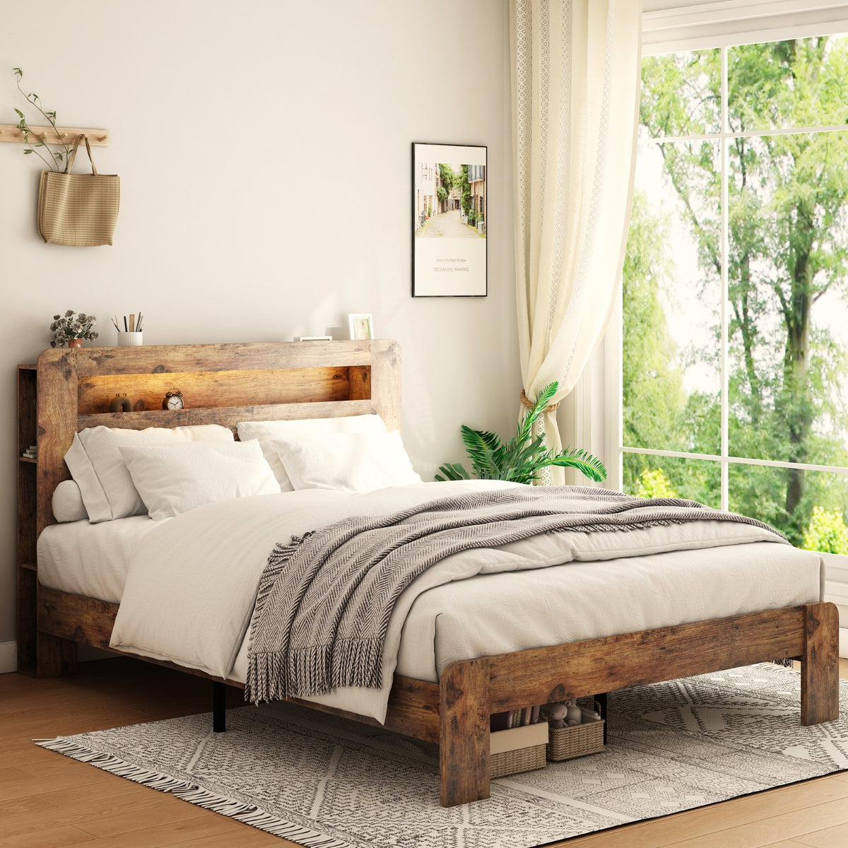 Tulib Full Bed Frame with 2-Tier Storage Headboard, Wood Platform Bed with LED Lights and Charging Station, No Box Spring Needed, Dark Brown