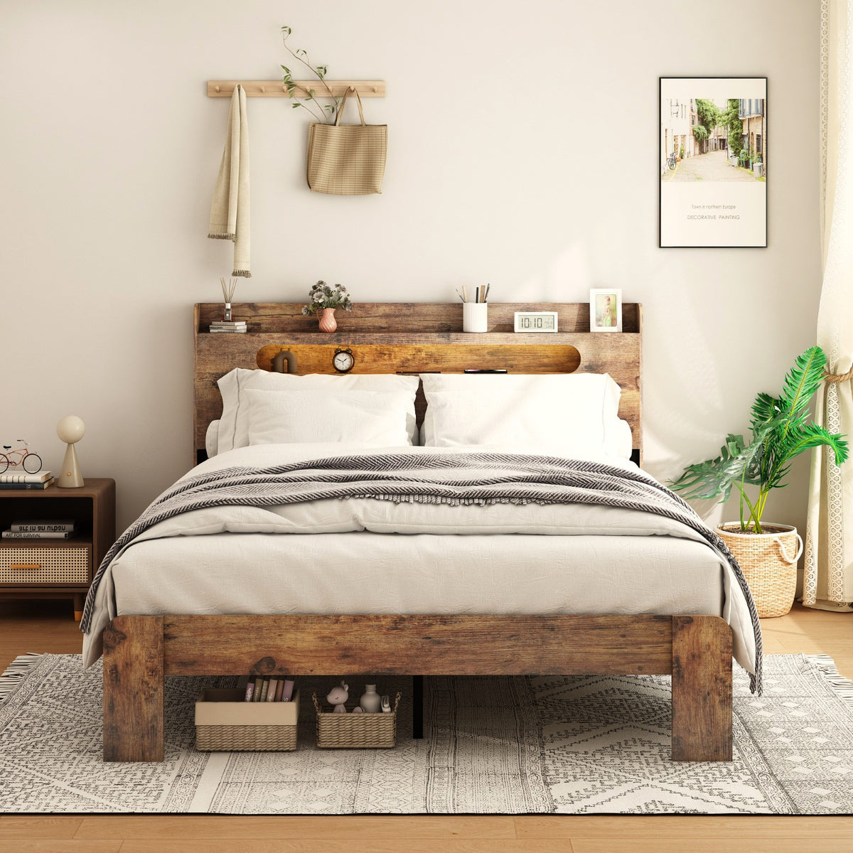 Tulib Full Size Wooden Bed Frame with Storage Headboard, Platform Bed Frame with LED Light & USB Port, No Box Spring Needed, Dark Brown