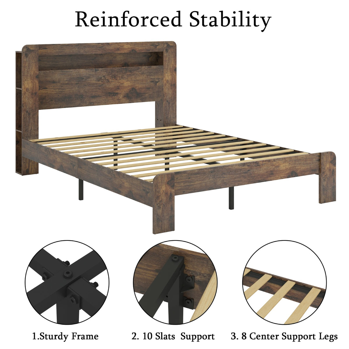 Tulib Full Bed Frame with 2-Tier Storage Headboard, Wood Platform Bed with LED Lights and Charging Station, No Box Spring Needed, Dark Brown