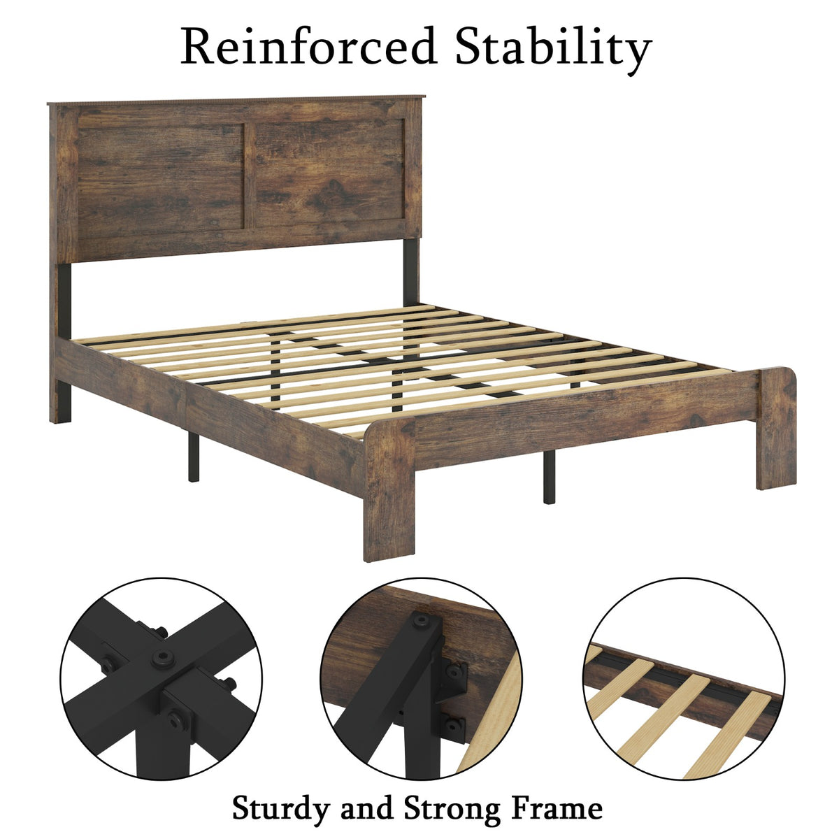 Tulib Full Wood Bed Frame with Headboard, Farmhouse Platform Bed, Noise-Free, Easy Assembly, No Box Spring Needed, Dark Brown