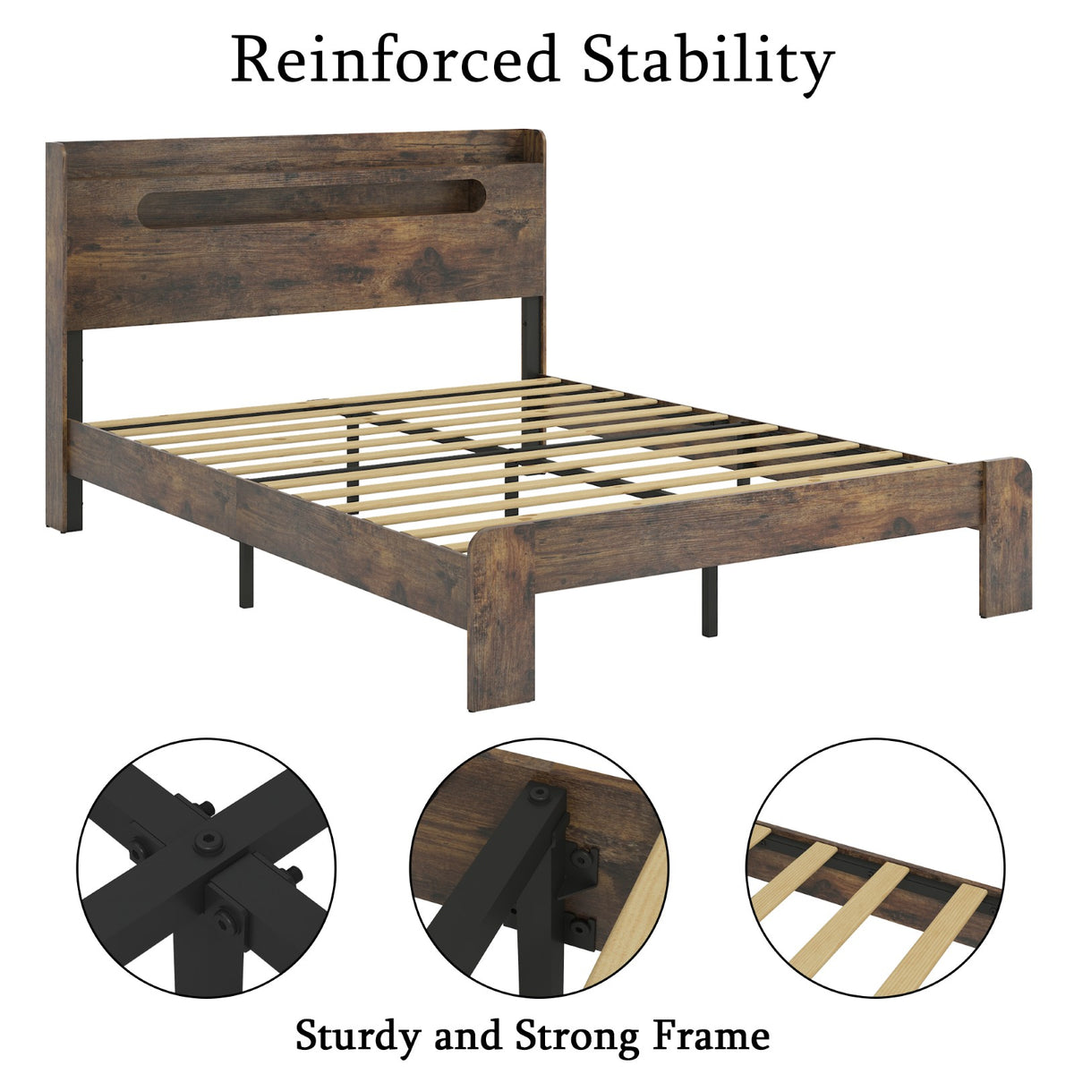 Tulib Full Size Wooden Bed Frame with Storage Headboard, Platform Bed Frame with LED Light & USB Port, No Box Spring Needed, Dark Brown