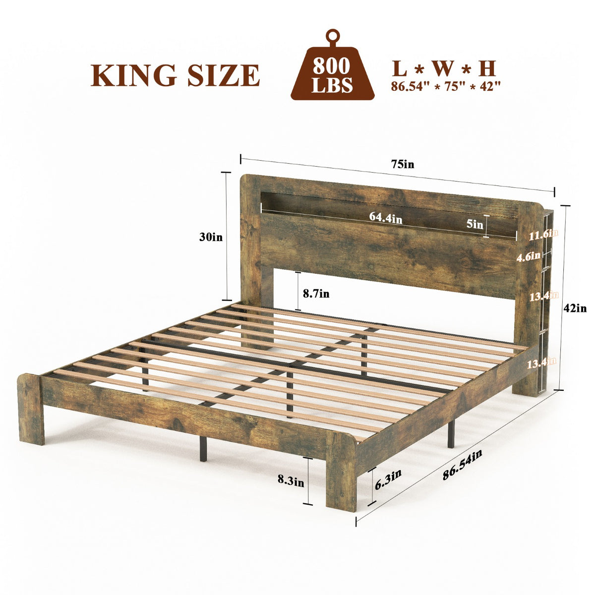Tulib King Bed Frame with 2-Tier Storage Headboard, Wood Platform Bed with LED Lights and Charging Station, No Box Spring Needed, Dark Brown