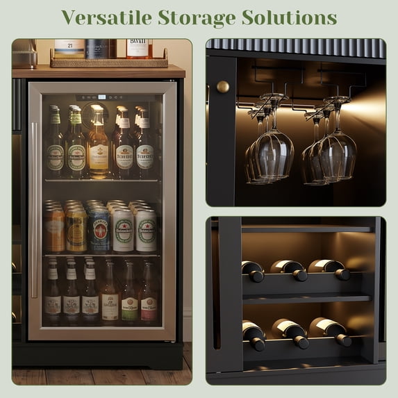 Tulib 47.2" Coffee Bar Cabinet with Fridge Space, Wine Rack, LED Lights and Charging Station, Buffet Sideboard Cabinet, Black