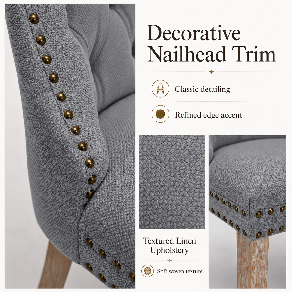 Tulib Upholstered Dining Chairs Set of 2, Tufted Linen Dining Chairs with Nailhead Trim, Foam Padded Dining Room Chairs with Rubberwood Legs, Gray