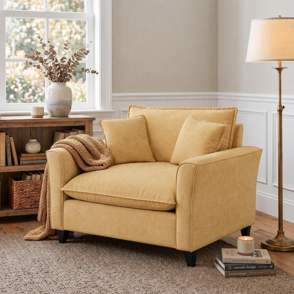 Tulib 46.5" Chenille Accent Chair, Reading Chair with Pillows, Modern Armchair for Living Room Bedroom Office and Small Spaces, Yellow