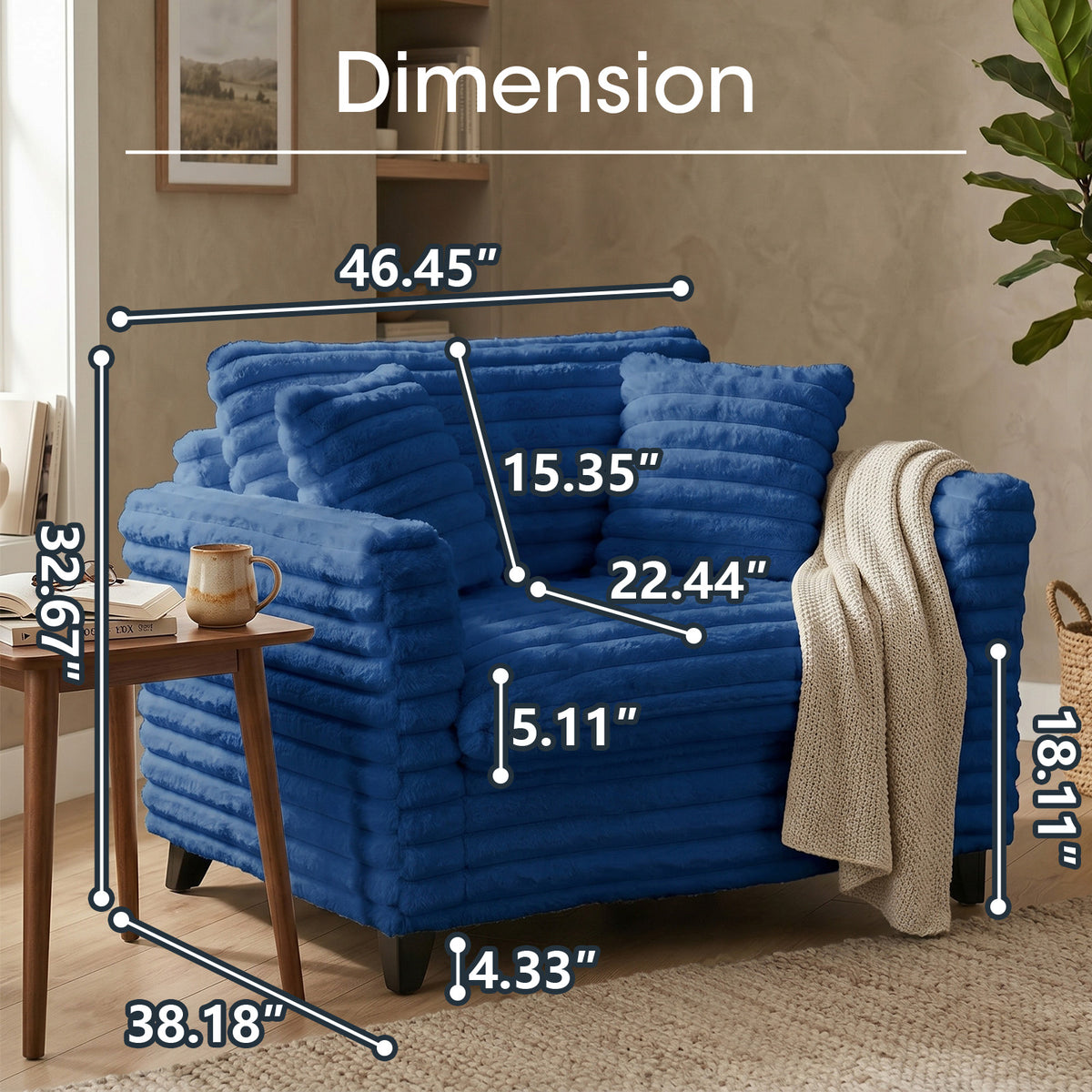 Tulib 46.5" Accent Chair, Corduroy Reading Chair with Pillows, Modern Arm Chair for Living Room Bedroom Office and Apartment, Blue