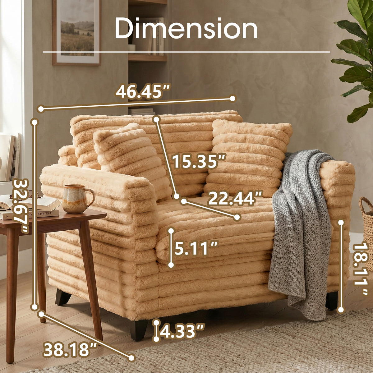 Tulib 46.5" Accent Chair, Corduroy Reading Chair with Pillows, Modern Arm Chair for Living Room Bedroom Office and Apartment, Light Brown