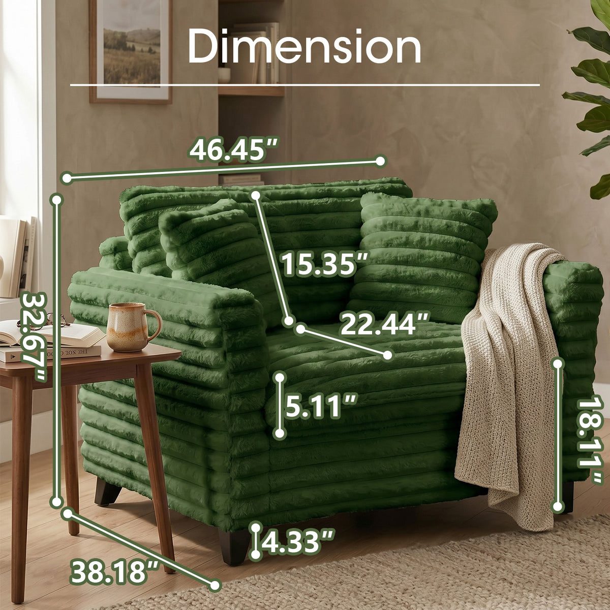 Tulib 46.5" Accent Chair, Corduroy Reading Chair with Pillows, Modern Arm Chair for Living Room Bedroom Office and Apartment, Green