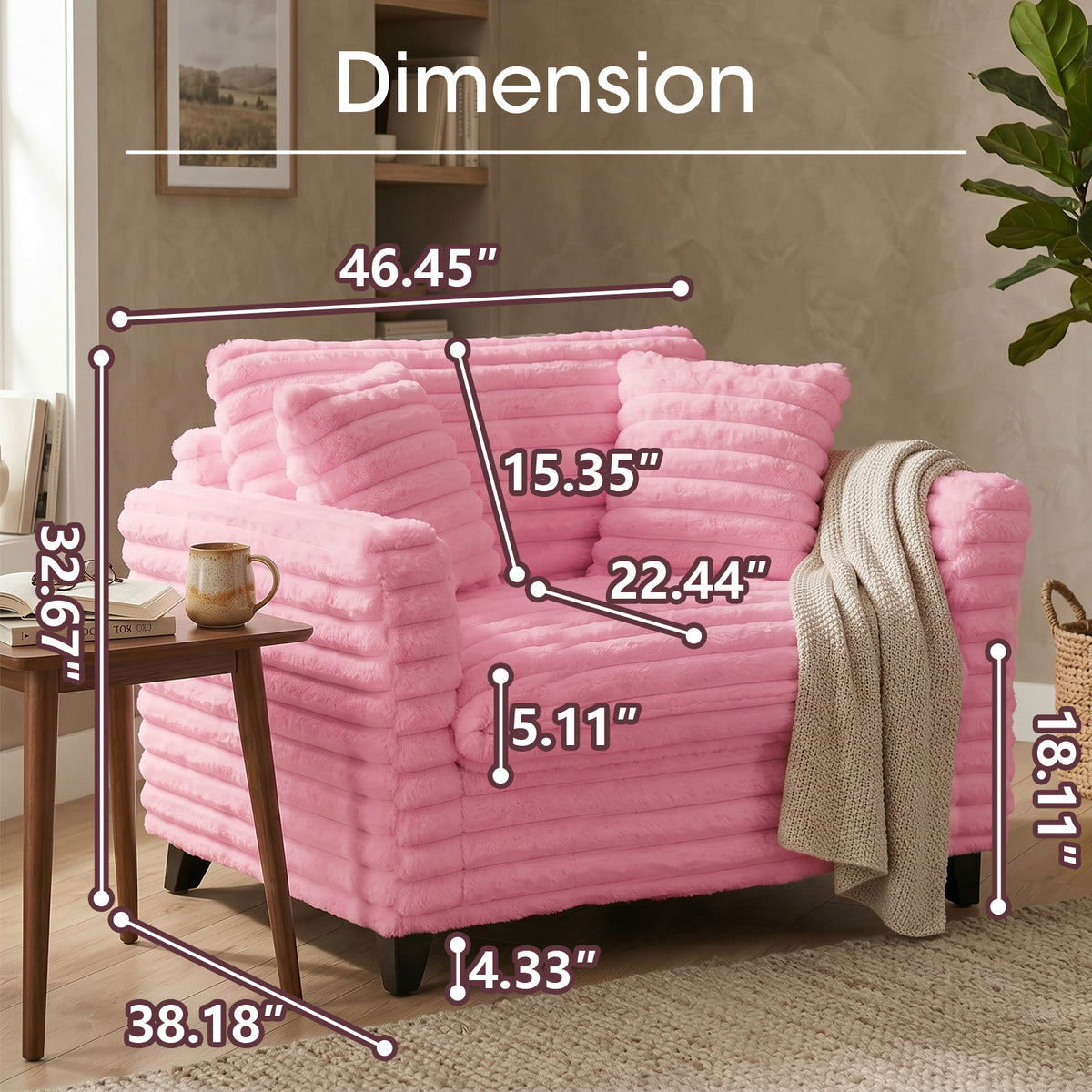 Tulib 46.5" Accent Chair, Corduroy Reading Chair with Pillows, Modern Arm Chair for Living Room Bedroom Office and Apartment, Pink