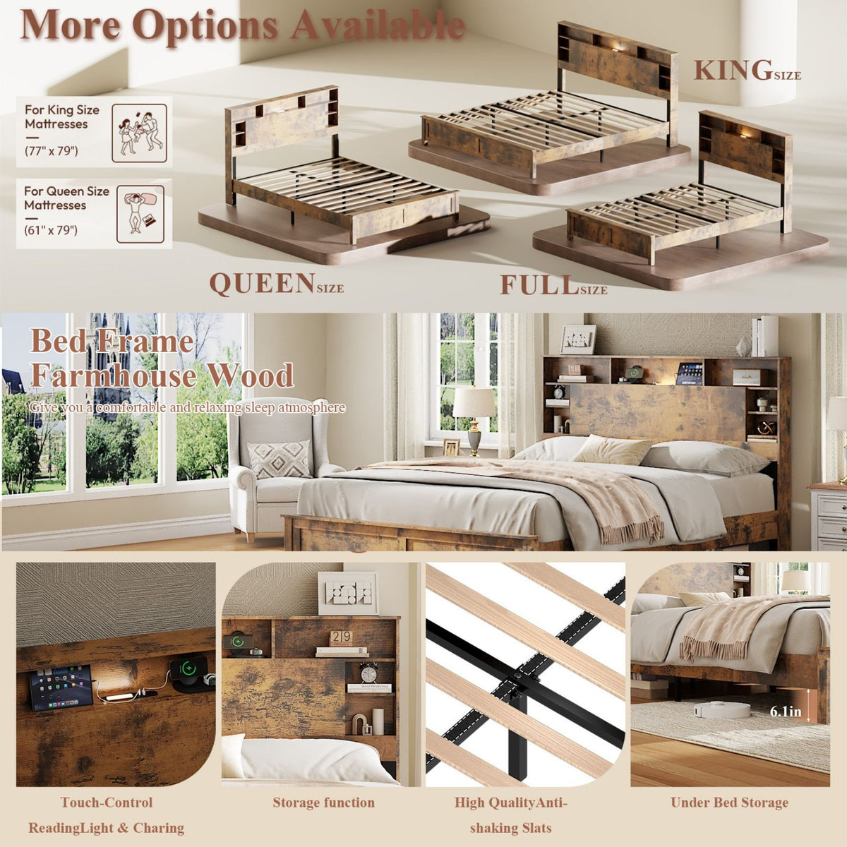 Tulib Queen Bed Frame with Bookcase Storage Headboard, Farmhouse Wood Platform Bed with LED Lights & Charging Station, No Box Spring Needed, Dark Brown