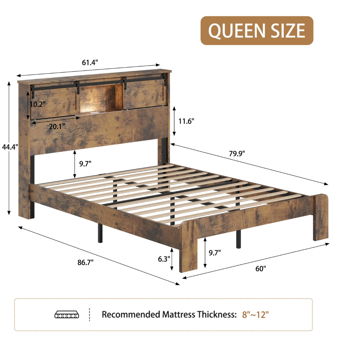 Tulib Queen Size Bed Frame with Storage Bookcase Headboard, Platform Bedframe with LED Lights, Charging Station and Sliding Barn Door, No Box Spring Needed, Dark Brown